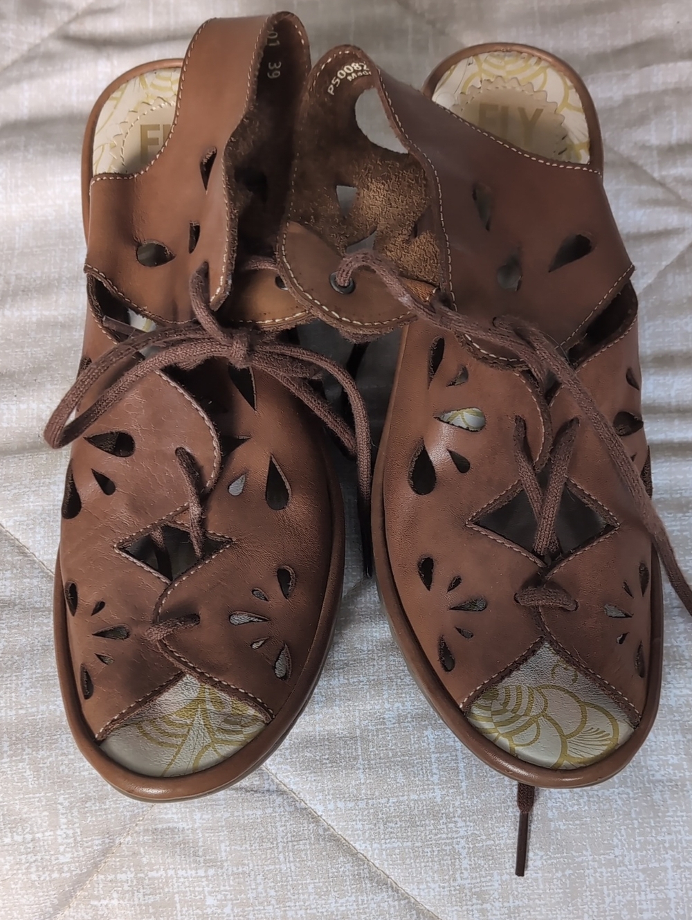 Fly London Brown Leather Cutout Wedge Heel Lace-Up Sandals